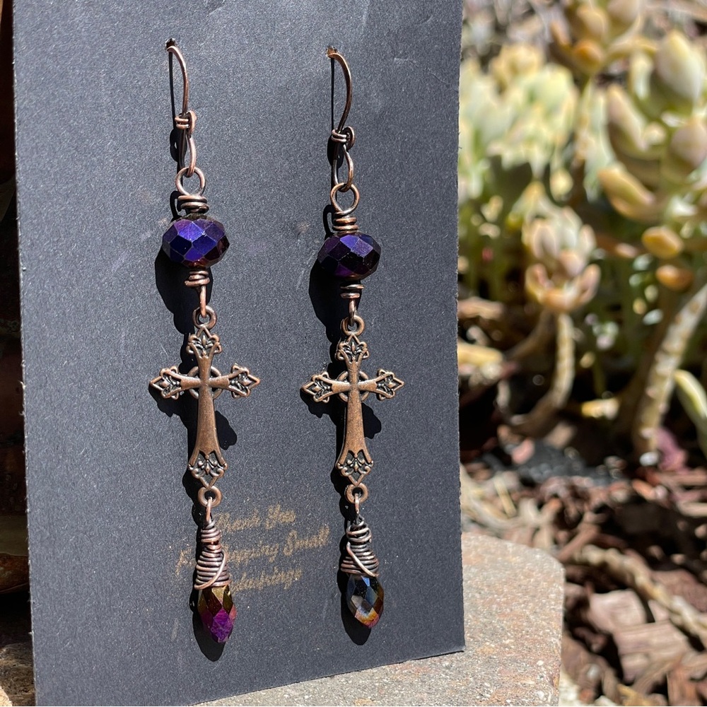 Elegant Purple Cross Dangle Earrings - Picture 3 of 12